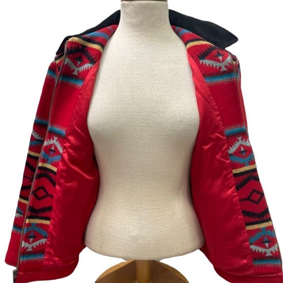 Pendleton Southwestern Navaho Red Wool Suede Collar Zip Jacket Coat Size Small - Picture 4 of 9